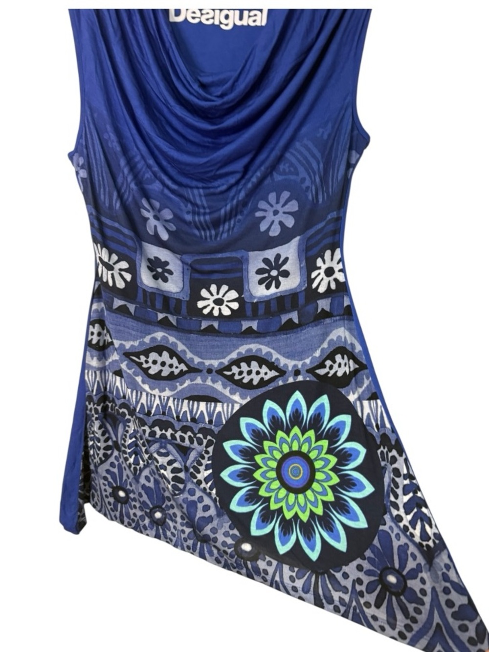 Desigual Blue Cowl Neck Handkerchief Hem Tunic Dress Floral Mandala Large L - Picture 3 of 8